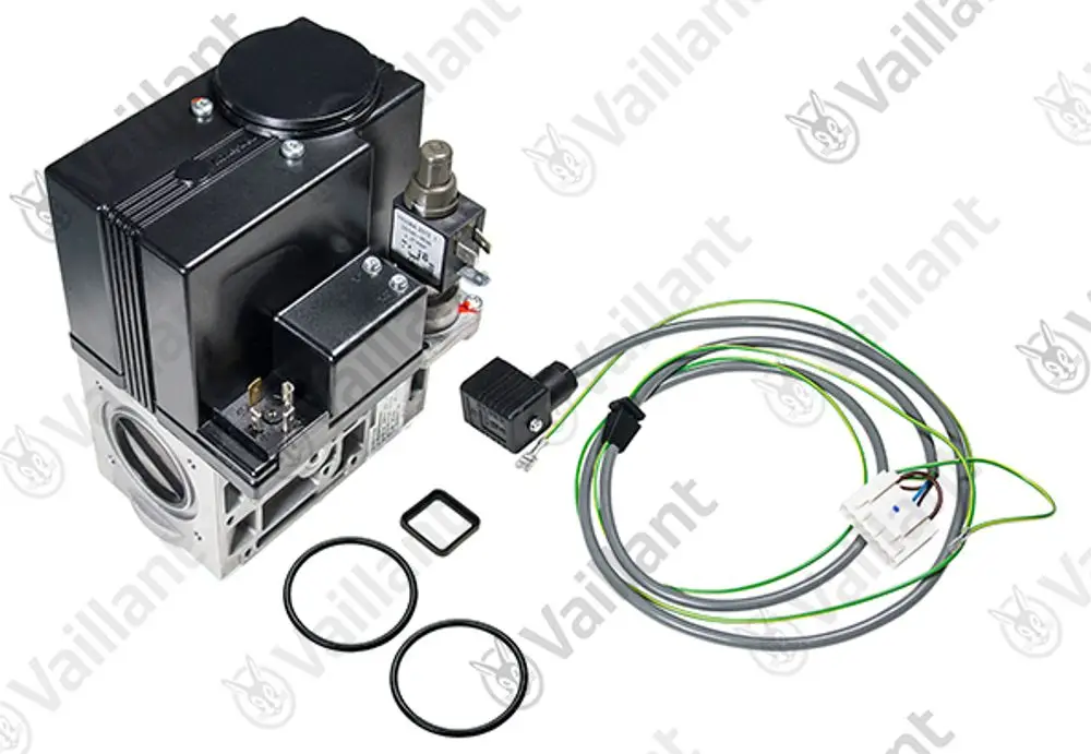 Vaillant Gasarmatur mit verschiedenen Anschlüssen und Kabeln, einschließlich O-Ringen und einem Stecker, zum Einbau in Heizsysteme.